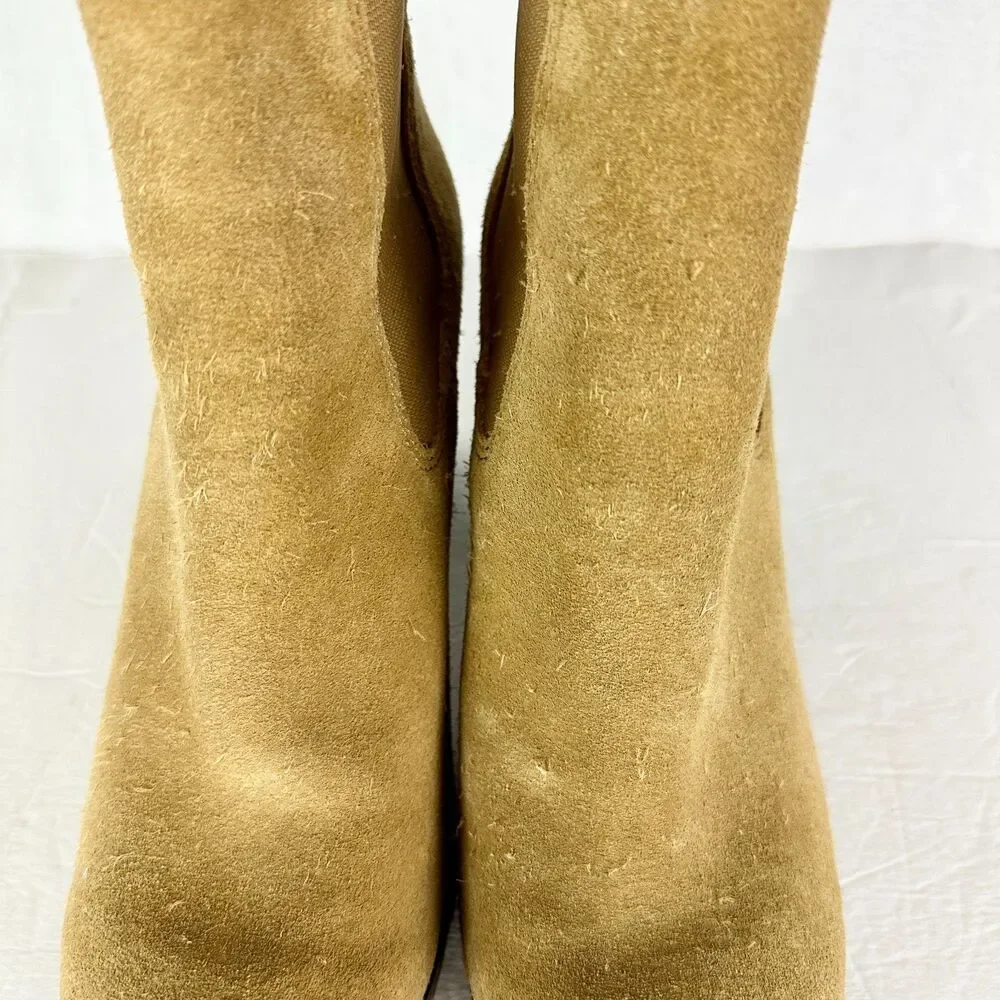 Tory Burch Stafford Suede Ankle Boots Size 8 Tan Beige Pull On Wood Block Heel